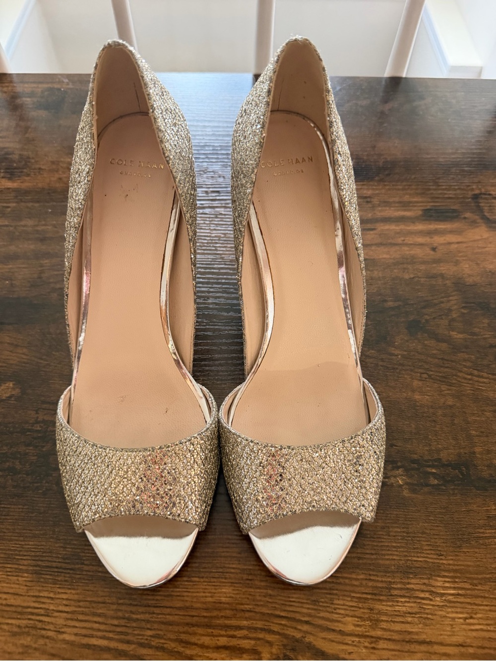 Cole Haan Glitter Open-Toe Pumps in Gold